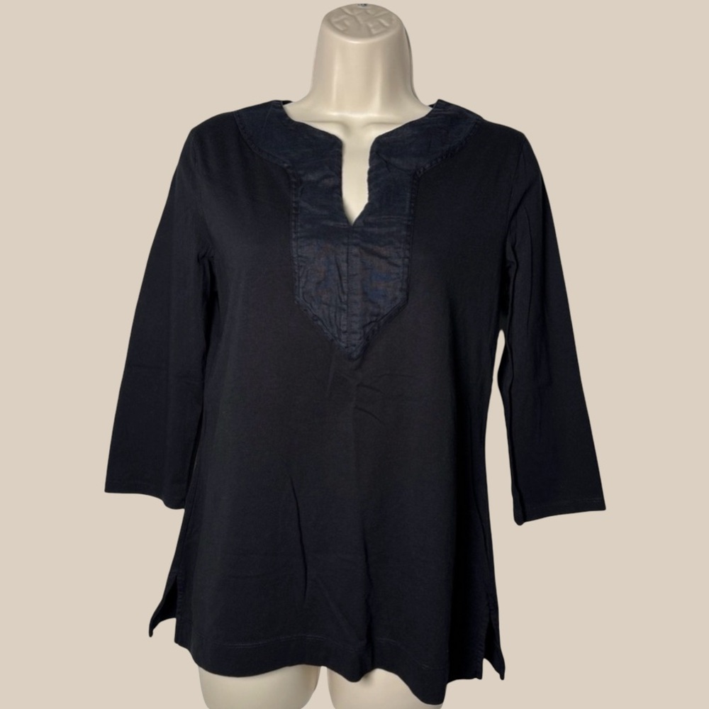Ralph Lauren Black Linen Trim Side Vent 3/4 Sleeve Tunic Top SZ M Classic Preppy